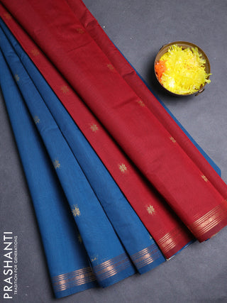 Semi maheswari cotton saree peacock blue and deep maroon with allover zari woven buttas and small zari woven border