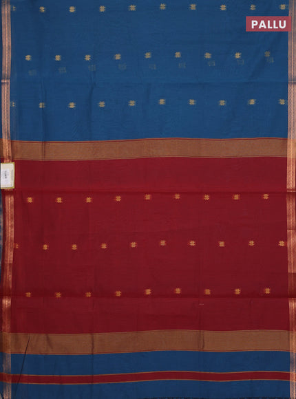 Semi maheswari cotton saree peacock blue and deep maroon with allover zari woven buttas and small zari woven border