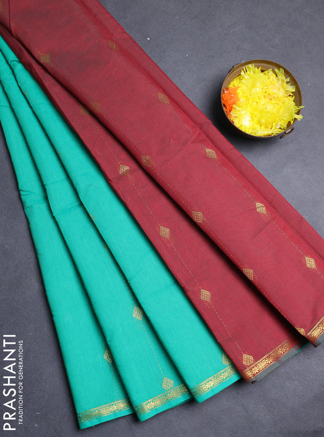 Semi maheswari cotton saree light green and maroon with allover zari weaves & buttas and small zari woven border