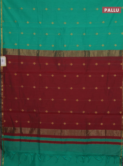 Semi maheswari cotton saree light green and maroon with allover zari weaves & buttas and small zari woven border
