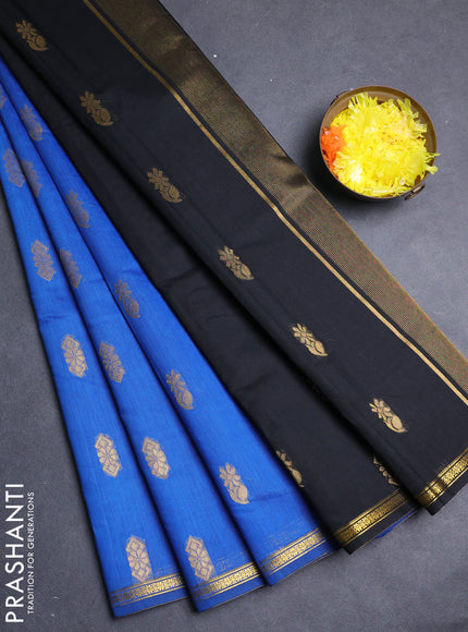 Semi maheswari cotton saree blue and black with allover zari woven buttas and small zari woven border