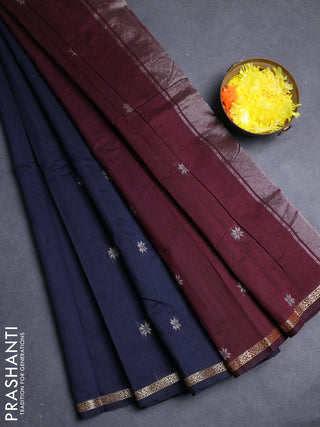 Semi maheswari cotton saree black and deep maroon with allover zari woven buttas and small zari woven border