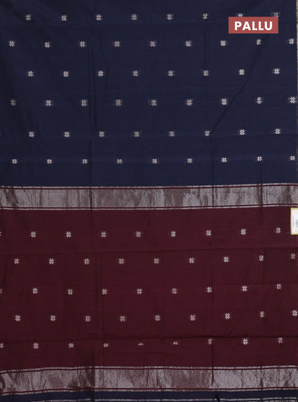 Semi maheswari cotton saree black and deep maroon with allover zari woven buttas and small zari woven border