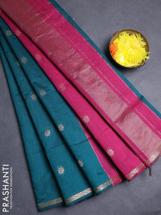 Semi maheswari cotton saree peacock green and magenta pink with allover zari woven buttas and small zari woven border