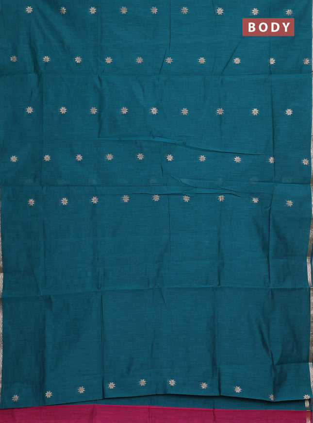 Semi maheswari cotton saree peacock green and magenta pink with allover zari woven buttas and small zari woven border