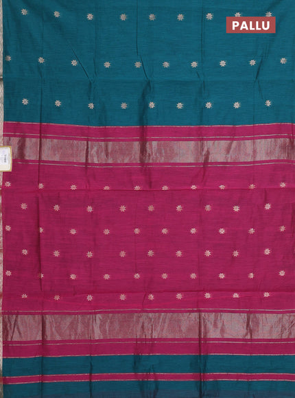 Semi maheswari cotton saree peacock green and magenta pink with allover zari woven buttas and small zari woven border