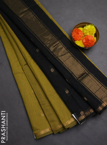 Semi maheswari cotton saree mehendi green and black with allover zari woven buttas and small zari woven border
