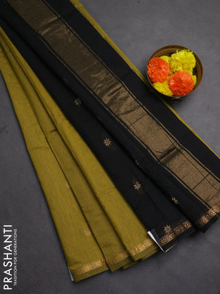 Semi maheswari cotton saree mehendi green and black with allover zari woven buttas and small zari woven border