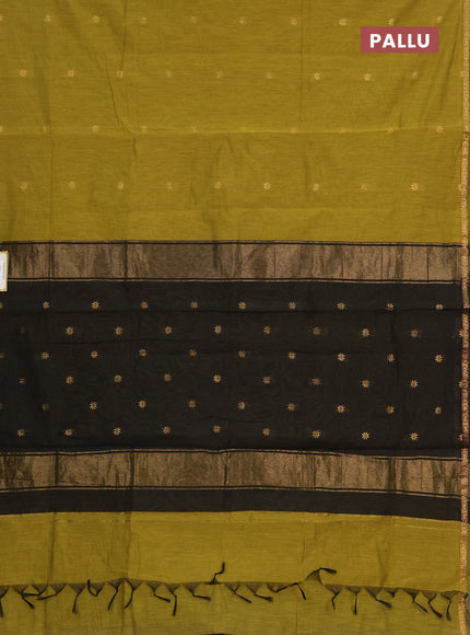 Semi maheswari cotton saree mehendi green and black with allover zari woven buttas and small zari woven border