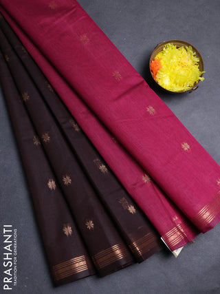 Semi maheswari cotton saree coffee brown and magenta pink with allover zari woven buttas and small zari woven border