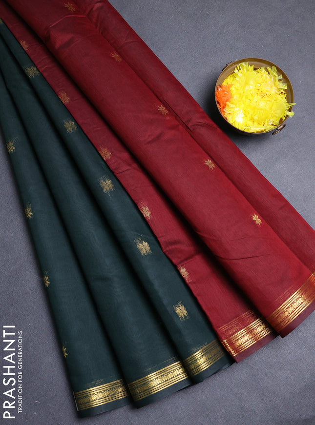 Semi maheswari cotton saree bottle green and deep maroon with allover zari woven buttas and small zari woven border