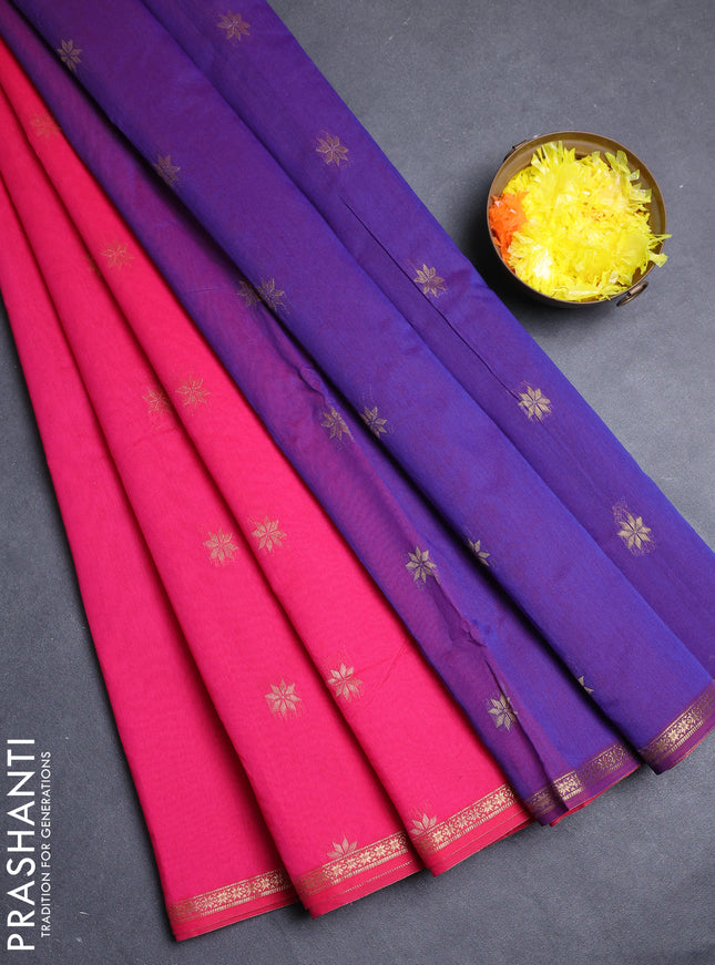 Semi maheswari cotton saree candy pink and purple with allover zari woven buttas and small zari woven border