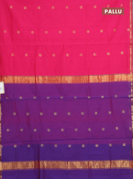 Semi maheswari cotton saree candy pink and purple with allover zari woven buttas and small zari woven border