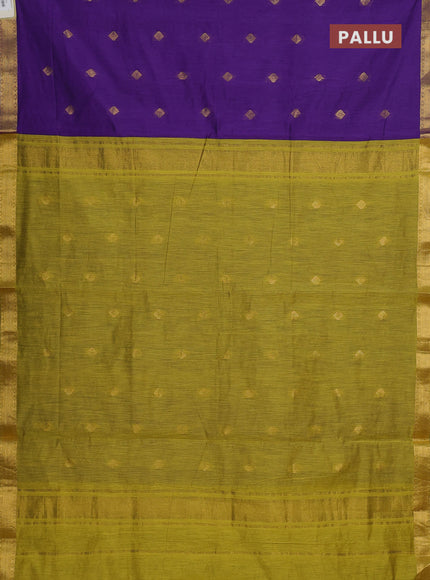 Semi maheswari cotton saree violet and green with allover zari woven buttas and small zari woven border