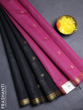 Semi maheswari cotton saree black and pink with allover zari woven buttas and small zari woven border