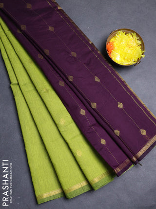 Semi maheswari cotton saree light green and deep purple with allover zari weaves & buttas and small zari woven border