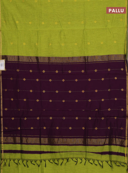 Semi maheswari cotton saree light green and deep purple with allover zari weaves & buttas and small zari woven border