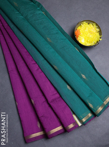 Semi maheswari cotton saree magenta pink and peacock green with allover zari woven buttas and small zari woven border