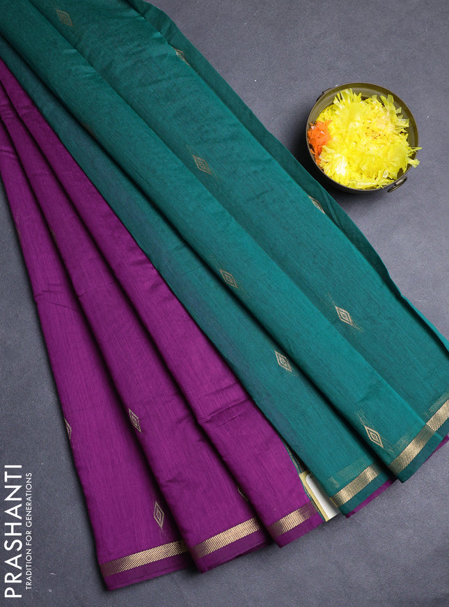 Semi maheswari cotton saree magenta pink and peacock green with allover zari woven buttas and small zari woven border