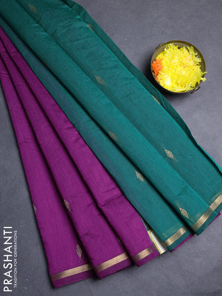 Semi maheswari cotton saree magenta pink and peacock green with allover zari woven buttas and small zari woven border