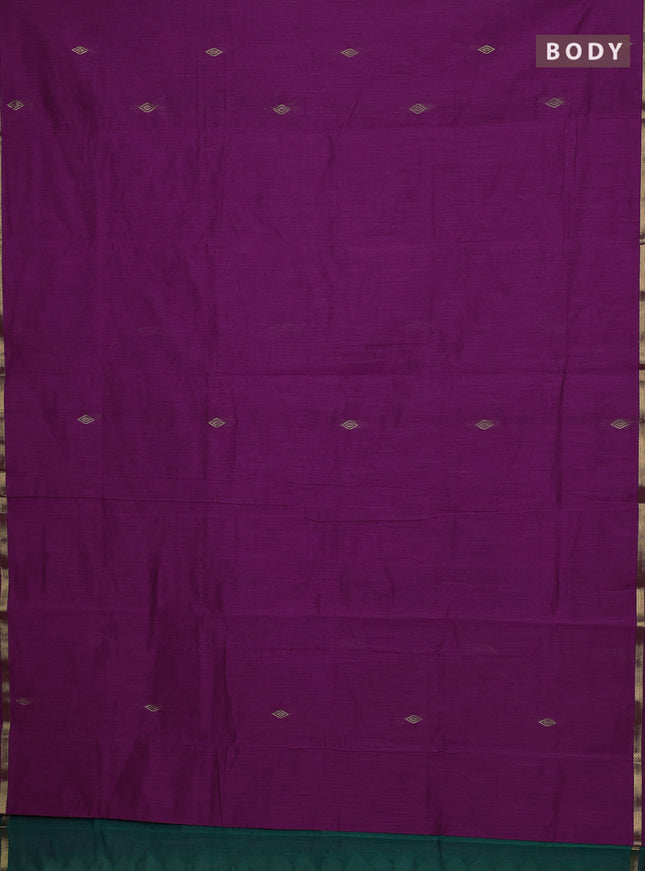 Semi maheswari cotton saree magenta pink and peacock green with allover zari woven buttas and small zari woven border