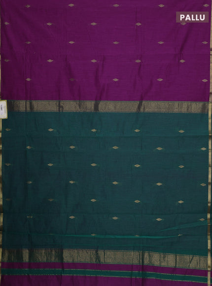 Semi maheswari cotton saree magenta pink and peacock green with allover zari woven buttas and small zari woven border