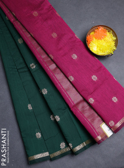 Semi maheswari cotton saree bottle green and pink with allover zari woven buttas and small zari woven border