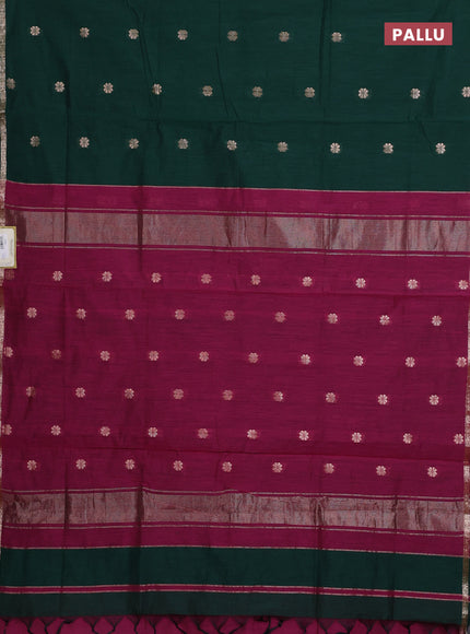 Semi maheswari cotton saree bottle green and pink with allover zari woven buttas and small zari woven border