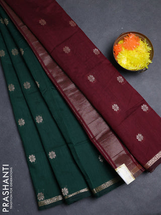 Semi maheswari cotton saree bottle green and magenta pink with allover zari woven buttas and small zari woven border