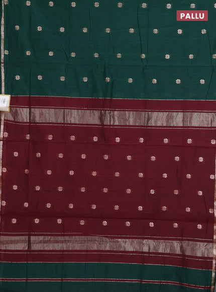 Semi maheswari cotton saree bottle green and magenta pink with allover zari woven buttas and small zari woven border