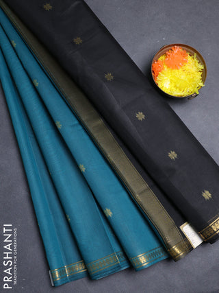 Semi maheswari cotton saree peacock green and black with allover zari woven buttas and small zari woven border