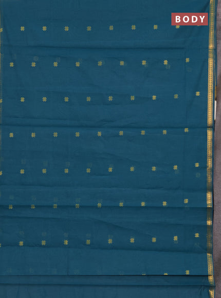 Semi maheswari cotton saree peacock green and black with allover zari woven buttas and small zari woven border