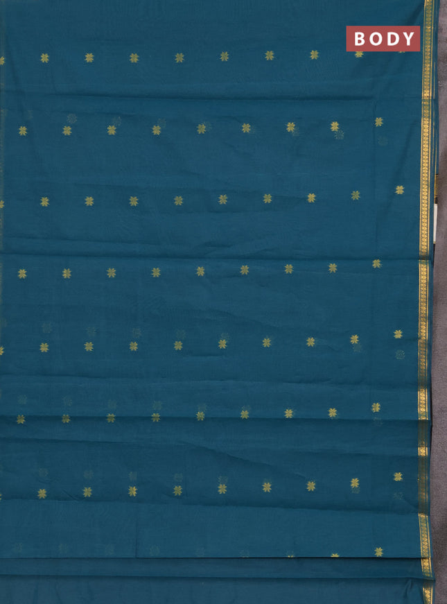Semi maheswari cotton saree peacock green and black with allover zari woven buttas and small zari woven border