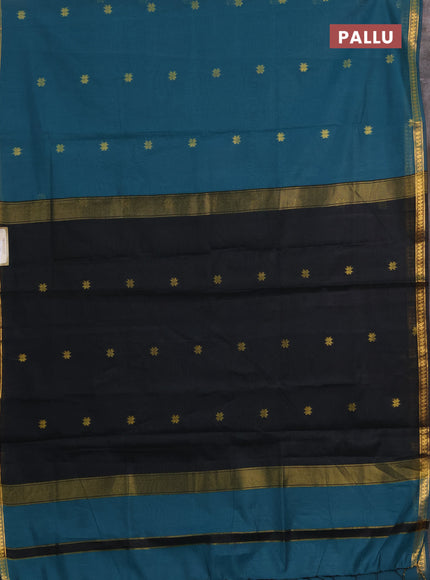 Semi maheswari cotton saree peacock green and black with allover zari woven buttas and small zari woven border