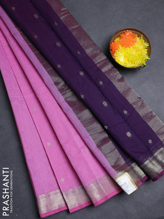 Semi maheswari cotton saree lotus pink and deep purple with allover copper zari woven buttas and copper zari woven border