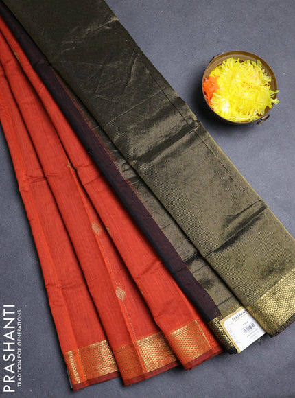 Semi maheswari cotton saree orange and black with allover copper zari woven buttas and copper zari woven border