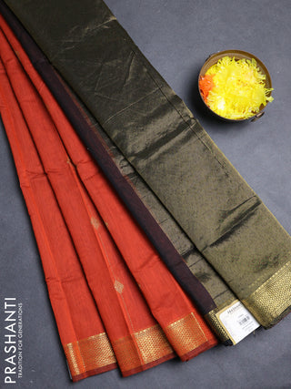 Semi maheswari cotton saree orange and black with allover copper zari woven buttas and copper zari woven border