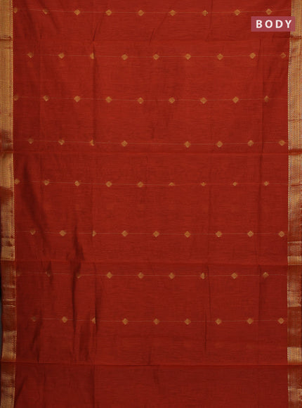Semi maheswari cotton saree orange and black with allover copper zari woven buttas and copper zari woven border