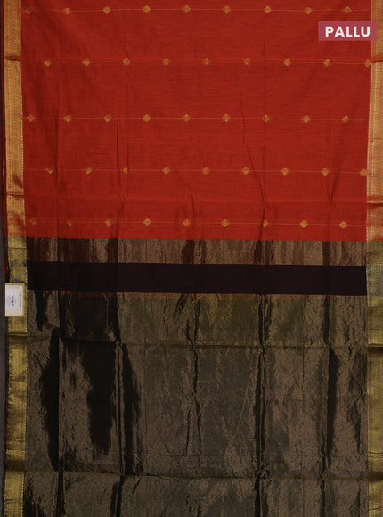 Semi maheswari cotton saree orange and black with allover copper zari woven buttas and copper zari woven border