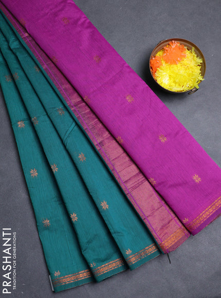 Semi maheswari cotton saree magenta pink and peacock green with allover copper zari woven buttas and copper zari woven border