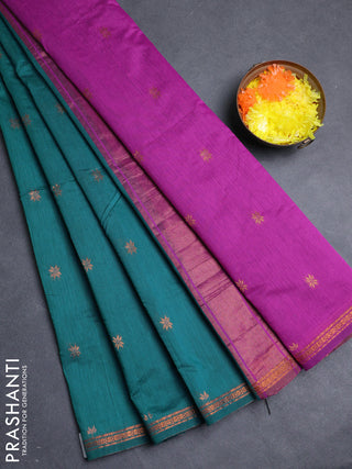 Semi maheswari cotton saree magenta pink and peacock green with allover copper zari woven buttas and copper zari woven border