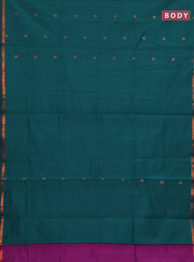 Semi maheswari cotton saree magenta pink and peacock green with allover copper zari woven buttas and copper zari woven border