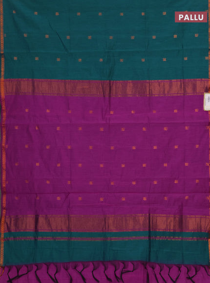 Semi maheswari cotton saree magenta pink and peacock green with allover copper zari woven buttas and copper zari woven border