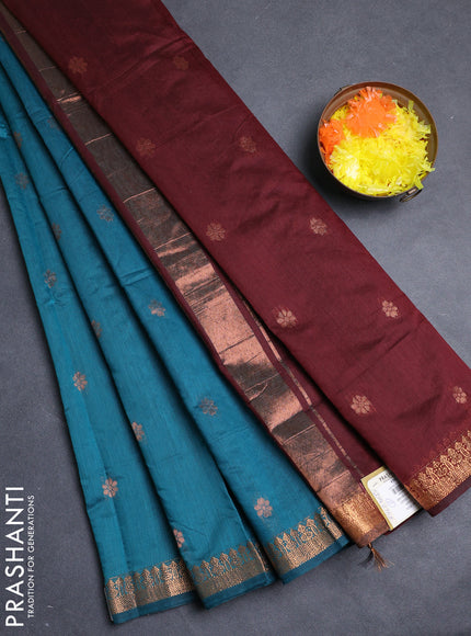 Semi maheswari cotton saree peacock green and deep maroon with allover copper zari woven buttas and copper zari woven border