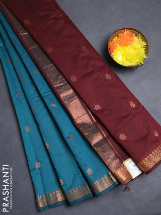 Semi maheswari cotton saree peacock green and deep maroon with allover copper zari woven buttas and copper zari woven border