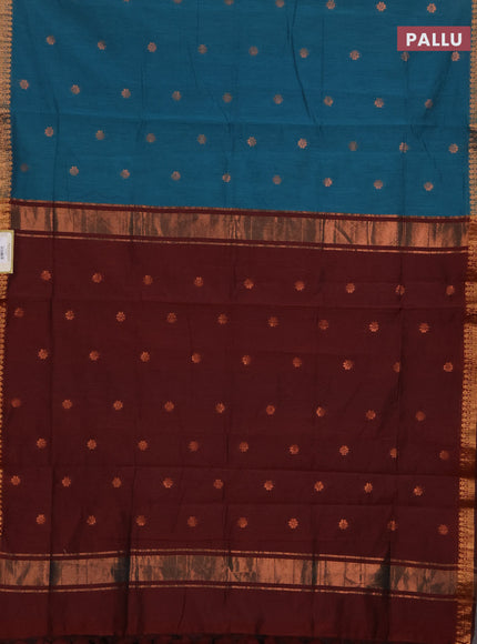 Semi maheswari cotton saree peacock green and deep maroon with allover copper zari woven buttas and copper zari woven border