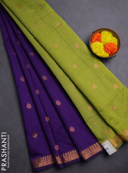 Semi maheswari cotton saree violet and light green with allover copper zari woven buttas and copper zari woven border