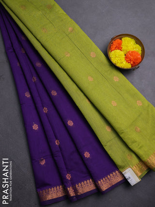 Semi maheswari cotton saree violet and light green with allover copper zari woven buttas and copper zari woven border