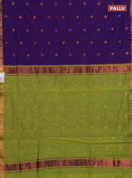 Semi maheswari cotton saree violet and light green with allover copper zari woven buttas and copper zari woven border