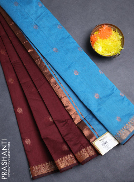 Semi maheswari cotton saree deep maroon and blue with allover copper zari woven & buttas and copper zari woven border